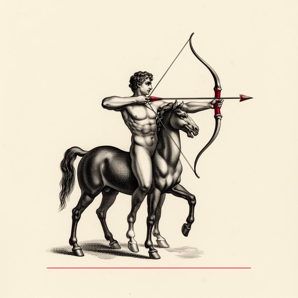 A classical engraving of a centaur drawing a bow — the historic figure of man and horse joined as one.